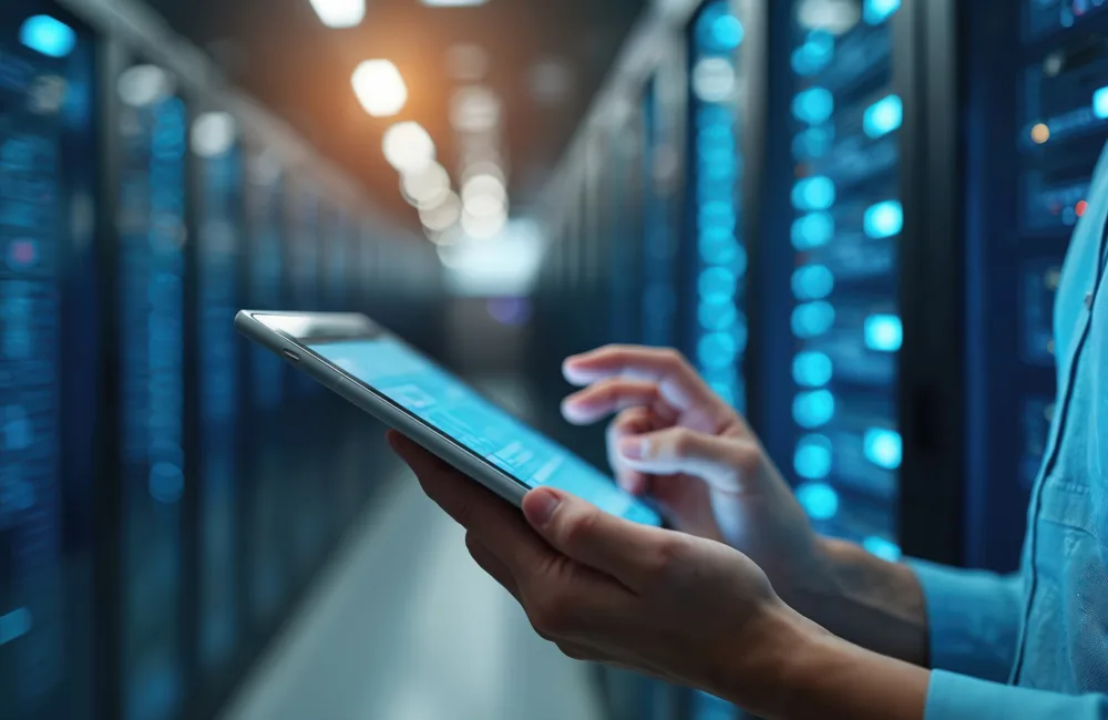 A person in a blue shirt holds and interacts with a tablet in a server room. Background includes rows of server racks illuminated with blue lights.
