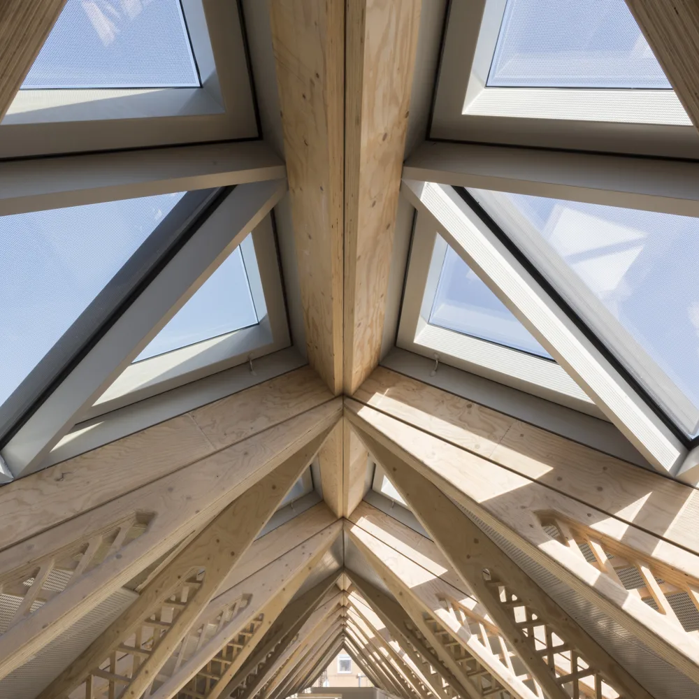 Upward view of a wooden ceiling structure with glazed panels and daylight shining through