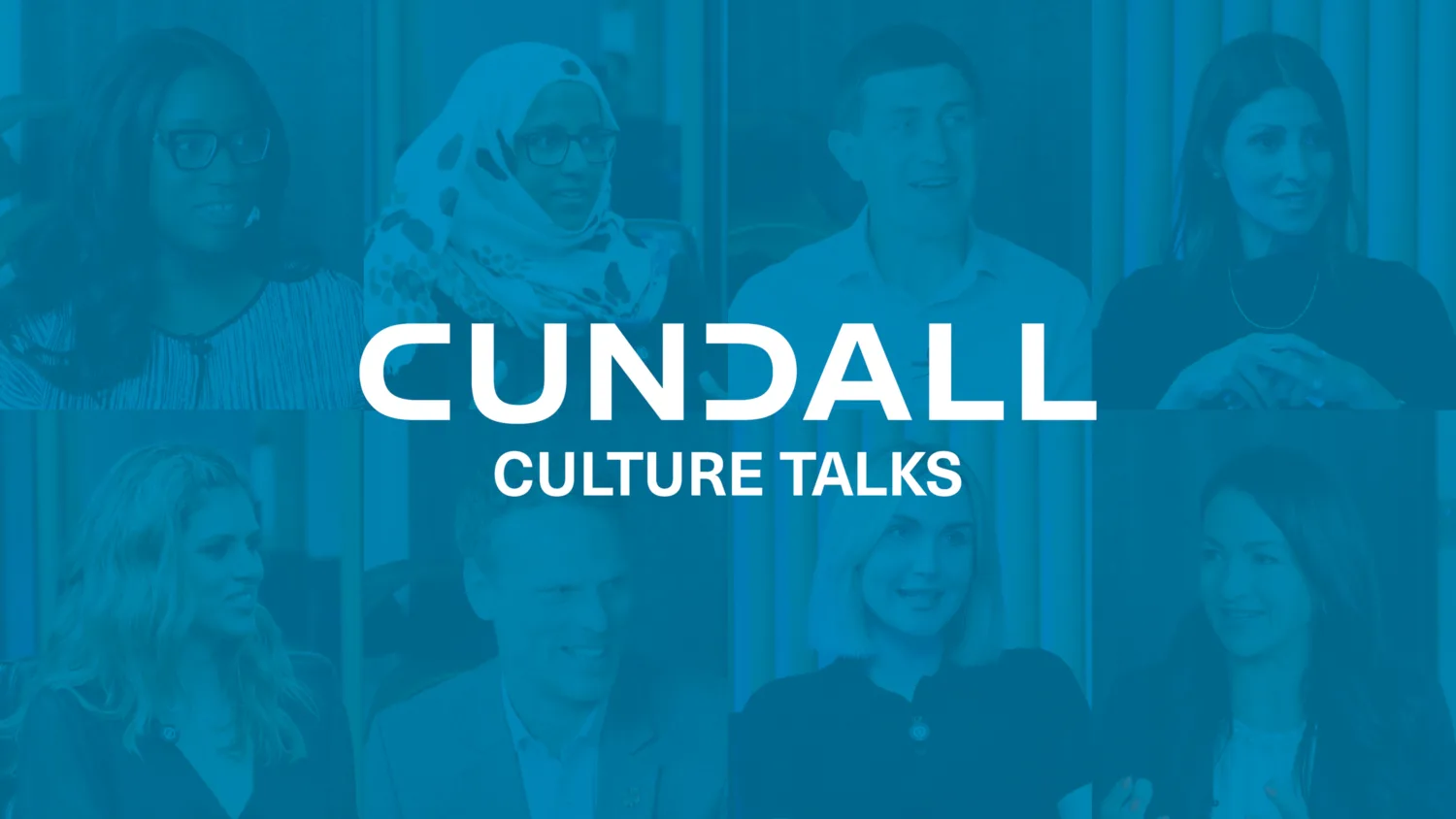 Collage of the Culture Talks campaign speakers with Cundall blue overlay and the Cundall logo.