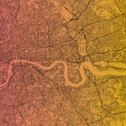 Arial view of london with red yellow hue overlaid