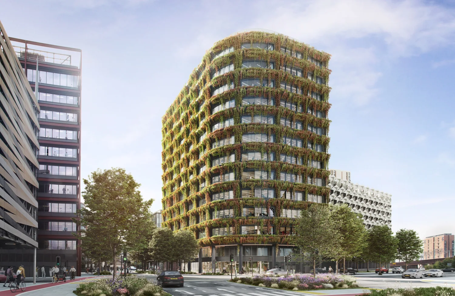 Exterior of office building covered with foliage